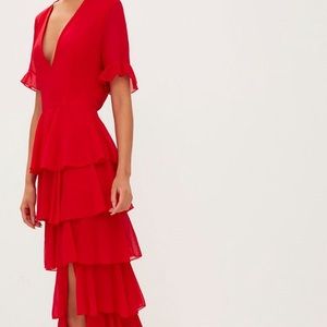 Red Chiffon Ruffle Layer Maxi Dress
